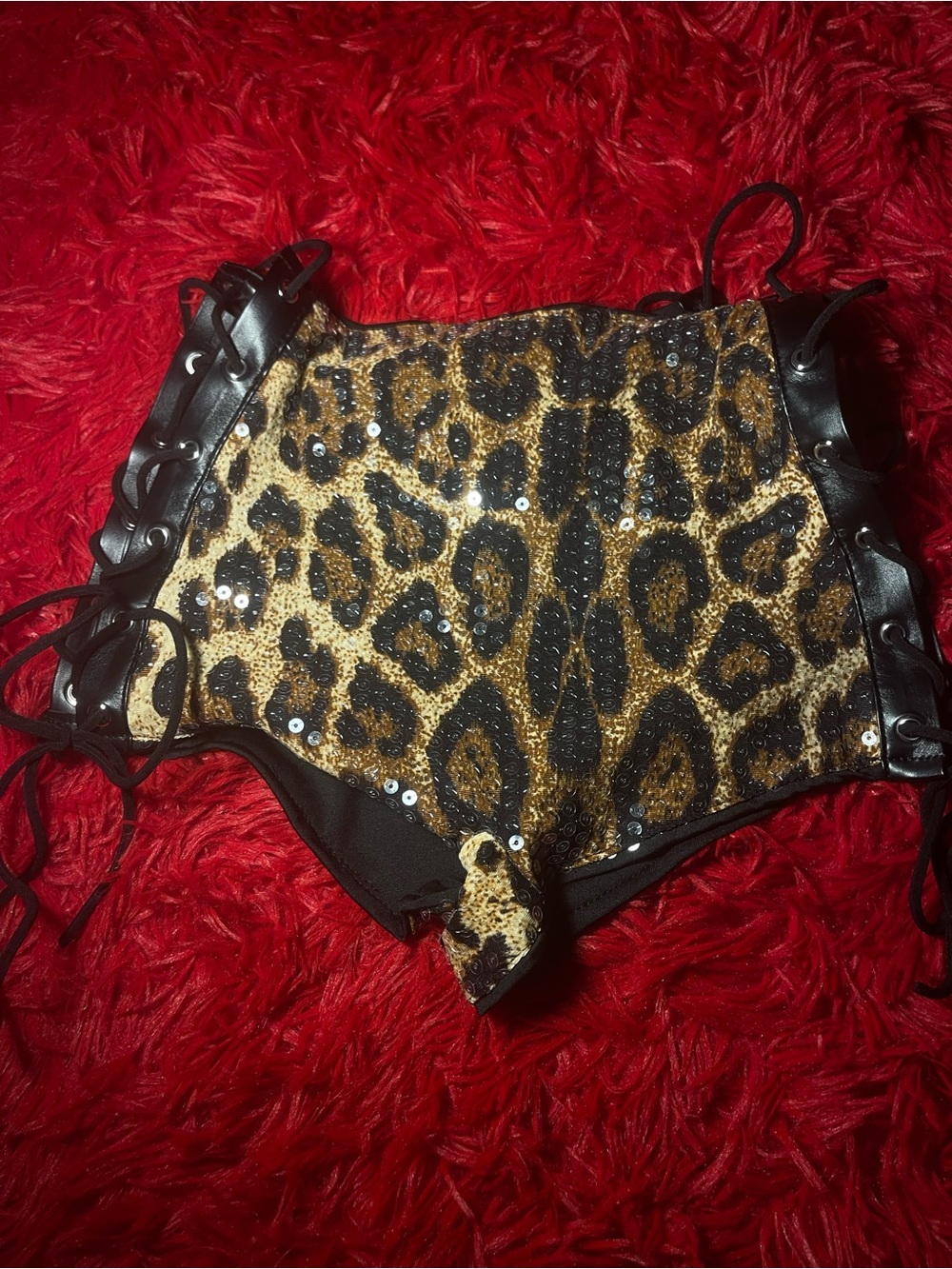 Sequin Leopard High-Waist Women’s Shorts with Side Lace-Up